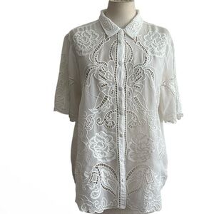 Johnny Was EMBROIDERED White EYELET Chryssie Button Up Blouse Sz Large